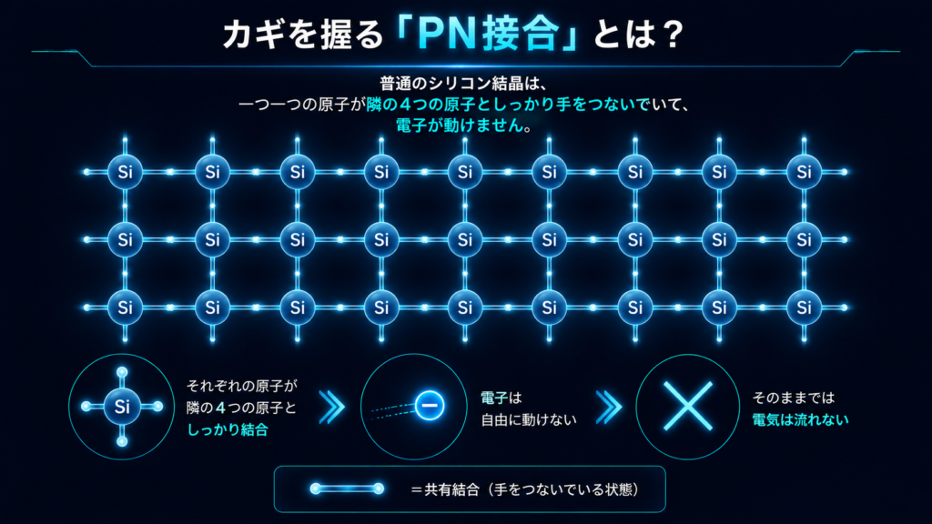 普通のシリコン結晶は、一つ一つの原子が隣の4つの原子としっかり手をつないでいて、電子が動けません。
だからそのままでは電気は流れないのです。