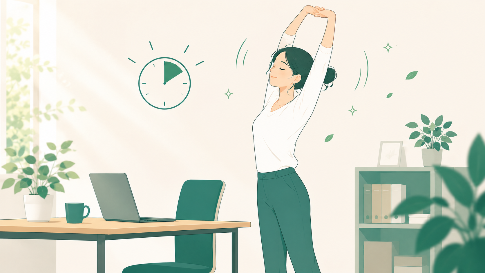 Friendly illustration of a person standing up from a desk to stretch arms overhead, a small clock icon hinting hourly breaks. Light, energetic, healthy mood. Flat minimal style, teal #2E7D6B and cream, no text. 16:9.
