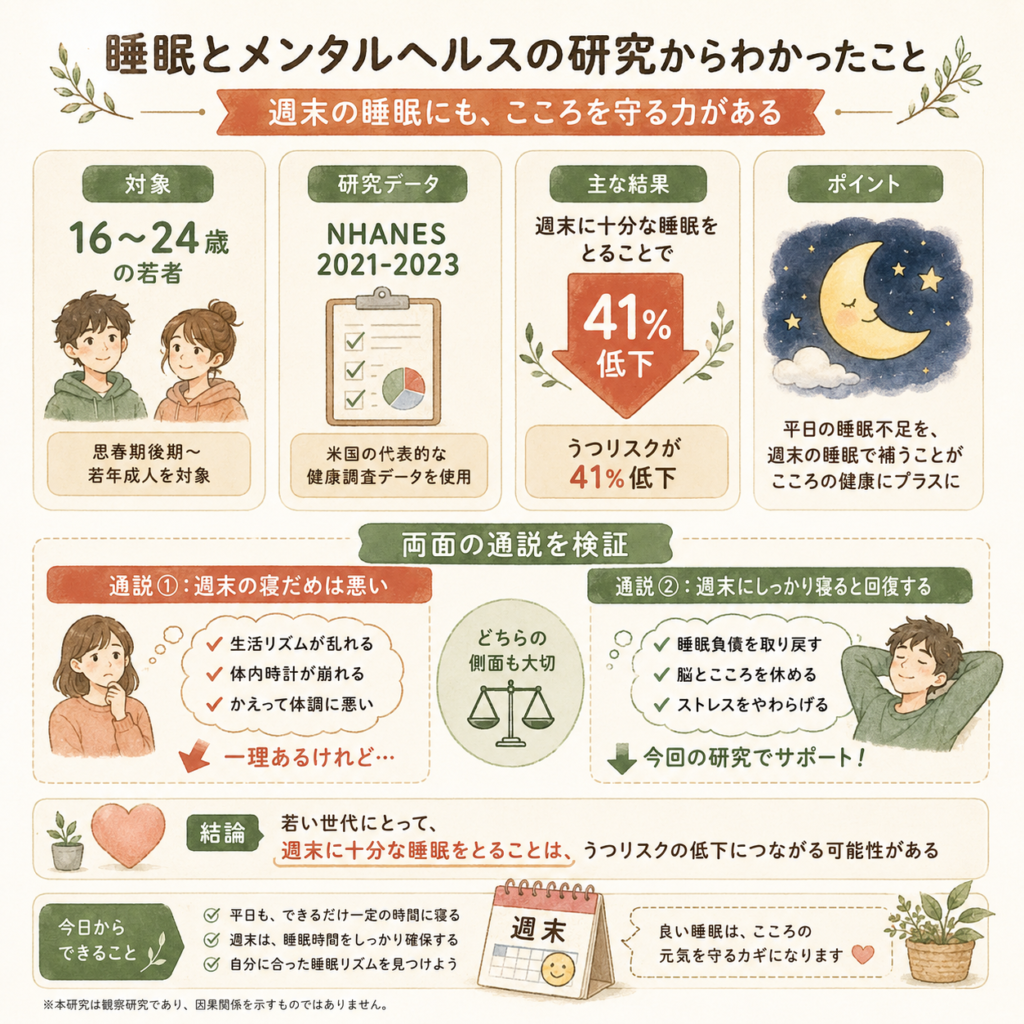 Clean infographic summarizing a sleep study, warm natural palette (terracotta, sage green, cream), rounded cards, friendly icons: a sleeping moon, a calendar showing weekend, a downward arrow labeled '41%', an age range '16-24'. Hand-drawn warm editorial illustration style, soft shadows, plenty of white space, minimal English labels only. Square 1:1.