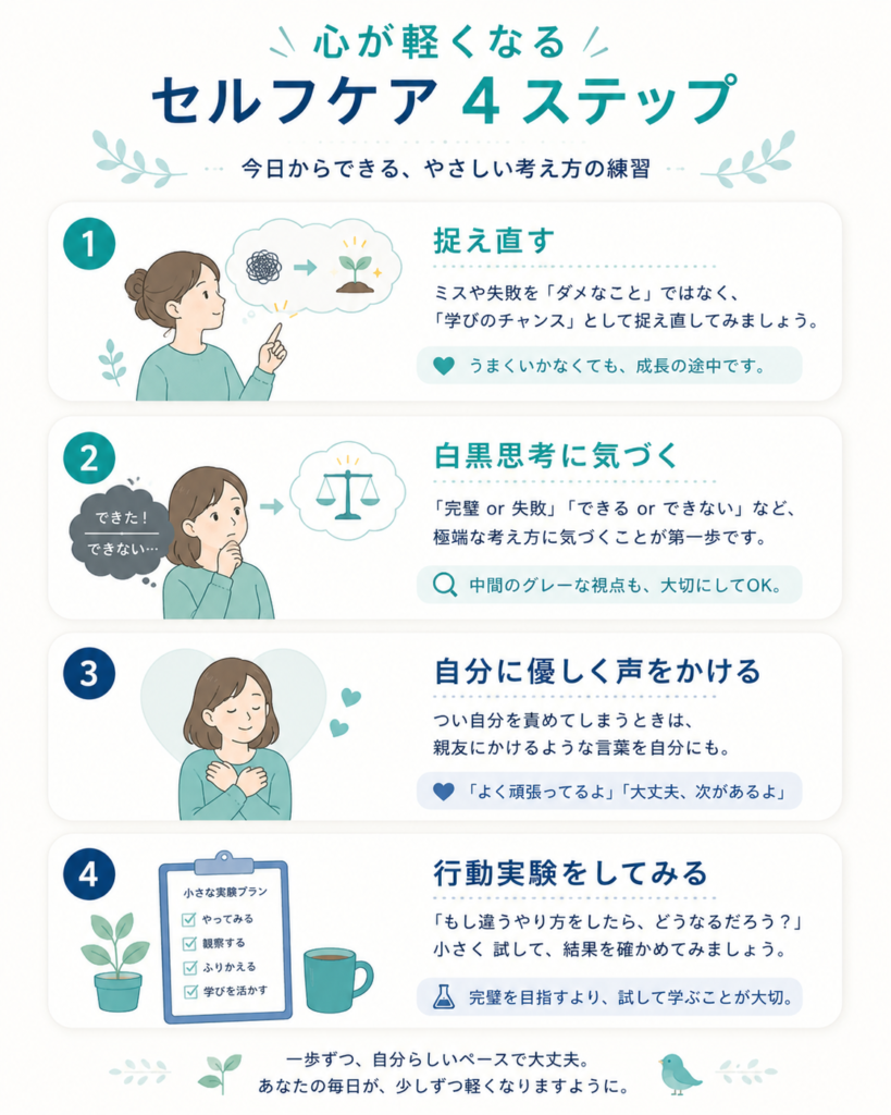 A vertical 4-step self-care card layout: (1) reframe mistakes as learning, (2) notice all-or-nothing thinking, (3) talk to yourself like a friend, (4) run a small behavioral experiment. Each step a rounded card with a simple icon. Teal/navy palette, soft, friendly, minimal Japanese-editorial style, lots of whitespace.