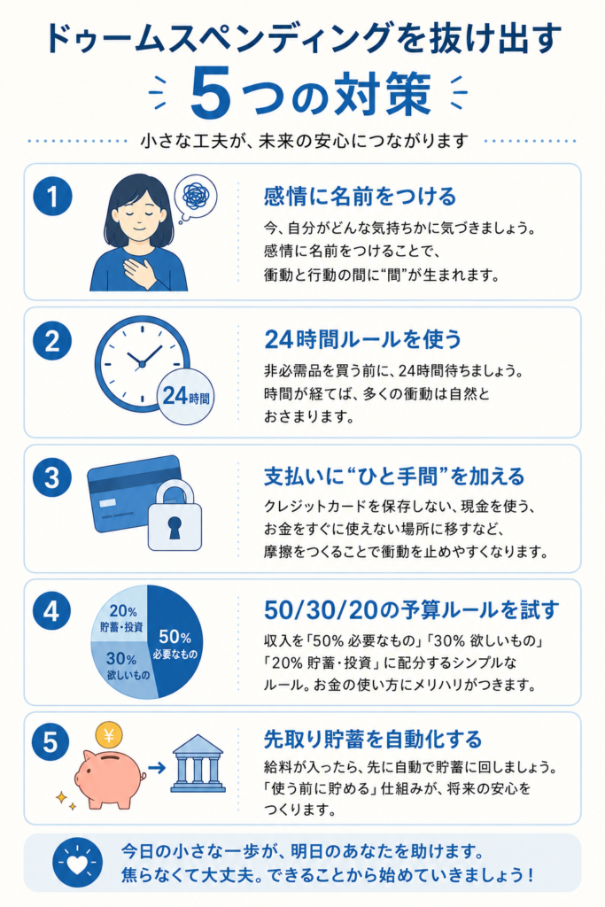 Vertical step-by-step infographic listing 5 practical money tips with simple flat icons: 1) Name your feeling, 2) 24-hour rule, 3) Add friction to payment, 4) 50/30/20 budget, 5) Automate savings. Soft blue (#1F6FB2) and cream palette, clean numbered cards, friendly minimal style, English labels. Portrait 4:5.
