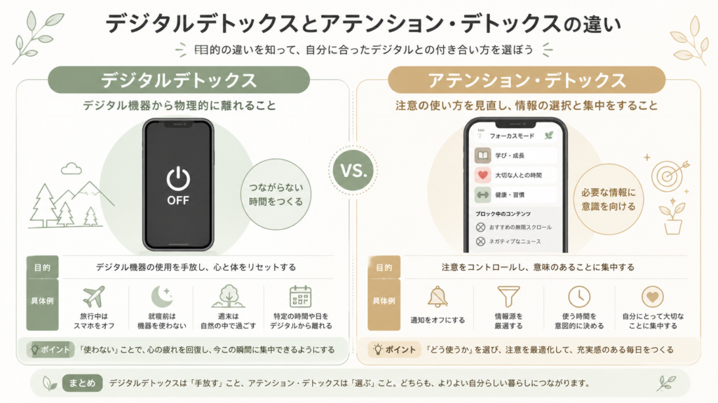 Clean infographic comparing two concepts side by side, left panel 'Digital Detox' with a powered-off phone icon, right panel 'Attention Detox' with a phone showing a filtered/curated screen, minimalist flat design, sage green and warm beige palette, simple line icons, plenty of white space, Japanese-friendly modern style, soft rounded shapes, editorial infographic --ar 16:9