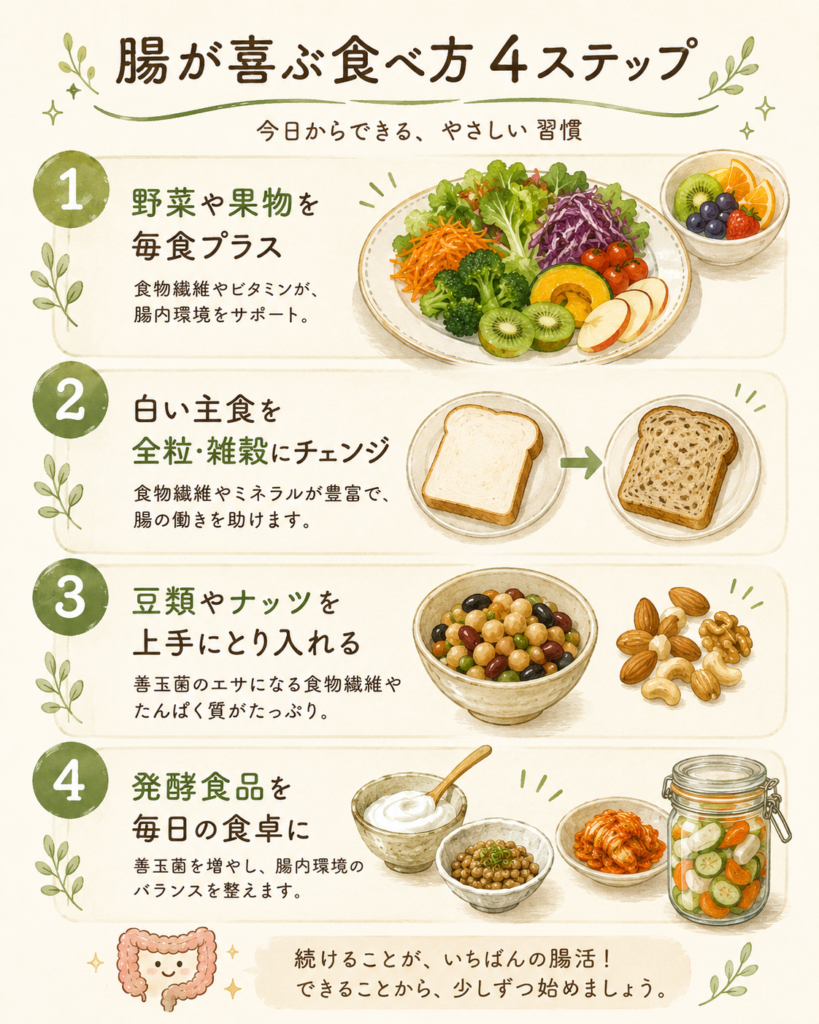 A vertical 4-step illustrated guide showing: 1) adding vegetables/fruit to a plate, 2) swapping white bread for whole grains, 3) beans and nuts in a bowl, 4) fermented foods jar. Warm natural earthy color palette of greens and browns, soft hand-drawn flat illustration, numbered circular badges, cozy and approachable, no readable text.