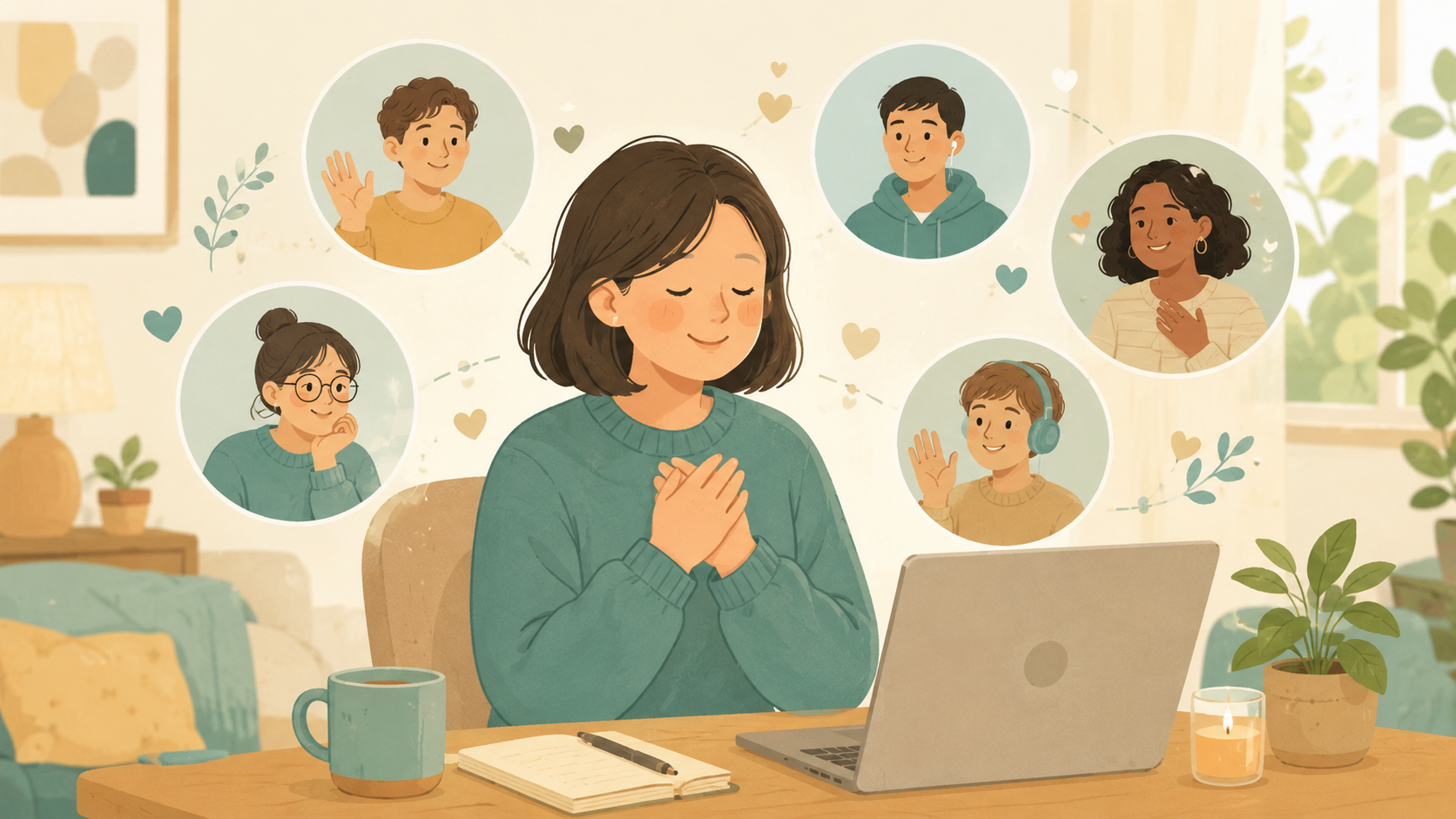 Warm, reassuring flat-style illustration of an adult feeling calm and understood, a small supportive online group of diverse people shown as gentle circular video tiles, soft teal and warm sand palette, cozy home setting, sense of belonging and acceptance, no text, inclusive.