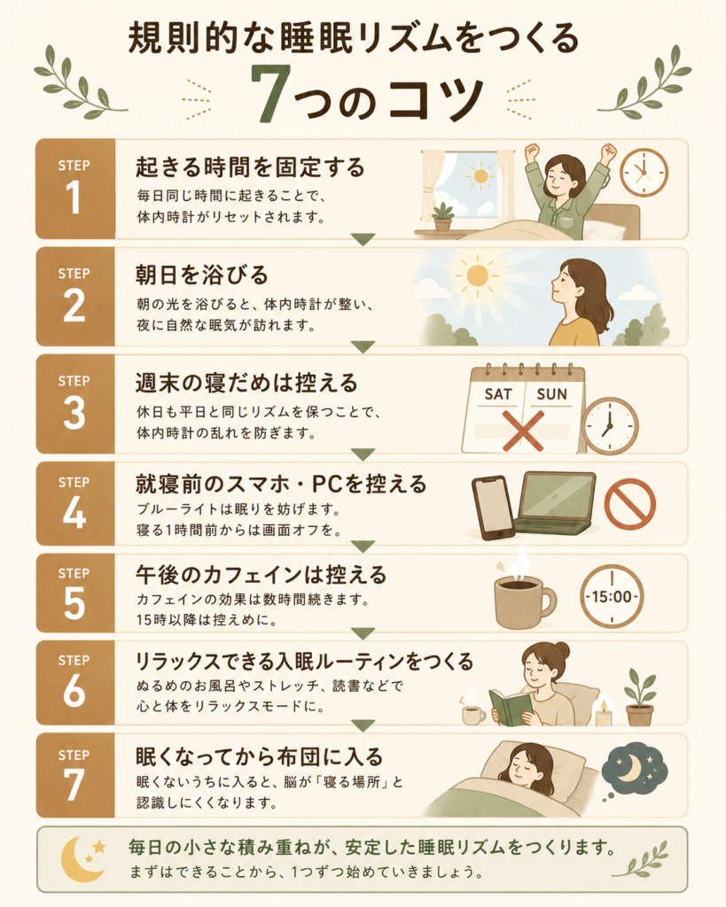 Vertical step-by-step illustrated guide with 7 numbered steps for building a regular sleep rhythm: fix wake-up time, get morning sunlight, limit weekend oversleep, reduce screens before bed, cut afternoon caffeine, bedtime routine, only lie down when sleepy. Each step has a simple friendly icon. Warm natural palette of cream, camel, brown with soft sage. Clean flat minimal style, cozy and approachable, room for Japanese captions.