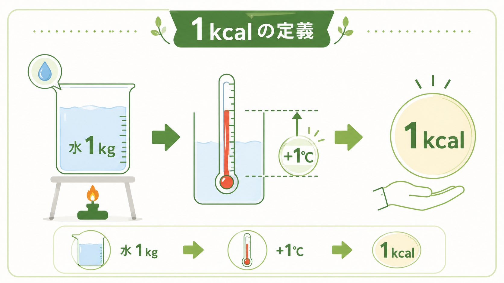 Minimal infographic: a beaker of 1 kg water with a thermometer rising by 1 degree Celsius, a small
flame underneath, label area showing '1 kcal'. Flat design, natural green and cream palette, thin
clean lines, lots of white space, professional and friendly. No paragraph text.