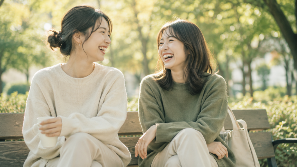 A peaceful scene of two friends laughing together outdoors in a park, phones nowhere in sight, warm afternoon sunlight, candid lifestyle photography, soft bokeh background, sage green and warm beige tones, genuine human connection and ease, editorial magazine style --ar 16:9