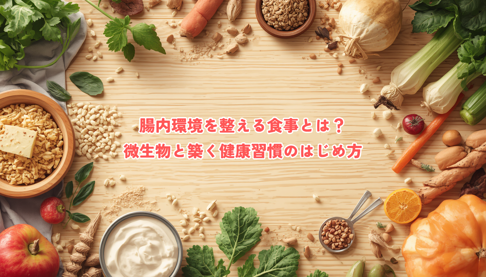 A warm, natural flat-lay of colorful fresh vegetables, fruits, whole grains and fermented foods (kimchi, yogurt, sauerkraut) arranged on a light wooden table, soft natural daylight, earthy green and warm brown color palette, cozy and healthy lifestyle mood, gentle illustration style, clean negative space for title text, no text in image.