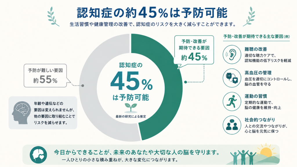 A clean data-visualization graphic showing a large circular donut chart where about 45% is highlighted in warm teal (#1F6F5C) labeled as 'potentially modifiable', and the remainder in soft gray. Around it, small simple icons of lifestyle factors (ear/hearing, blood pressure, exercise, social connection). Minimal flat editorial style, cream background, blue and teal palette, optimistic and professional tone.