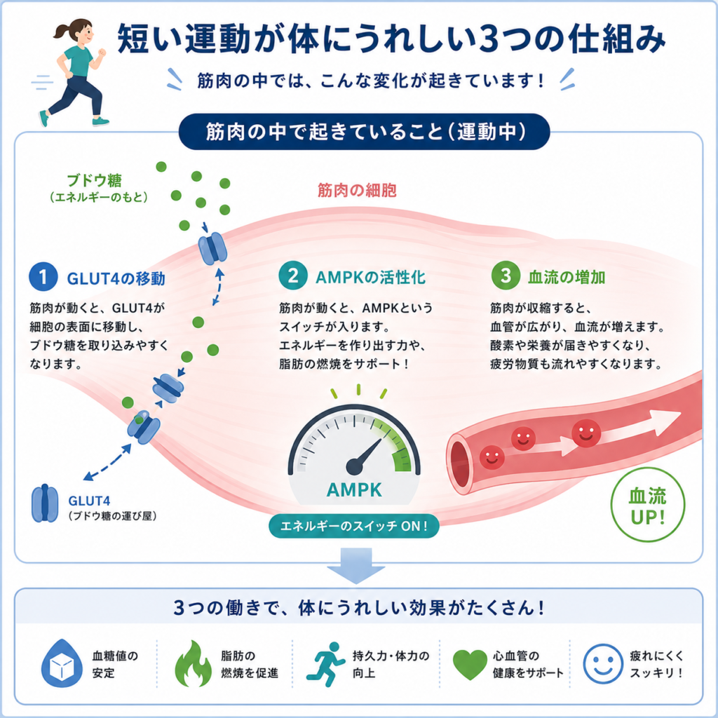 Simple educational infographic of a muscle cell during contraction: glucose transporters moving to the cell surface, a small 'fuel gauge' icon (AMPK) lighting up, blood flow arrows increasing, friendly flat illustration, blue green palette, clear simple labels, non-technical approachable style, minimal and clean