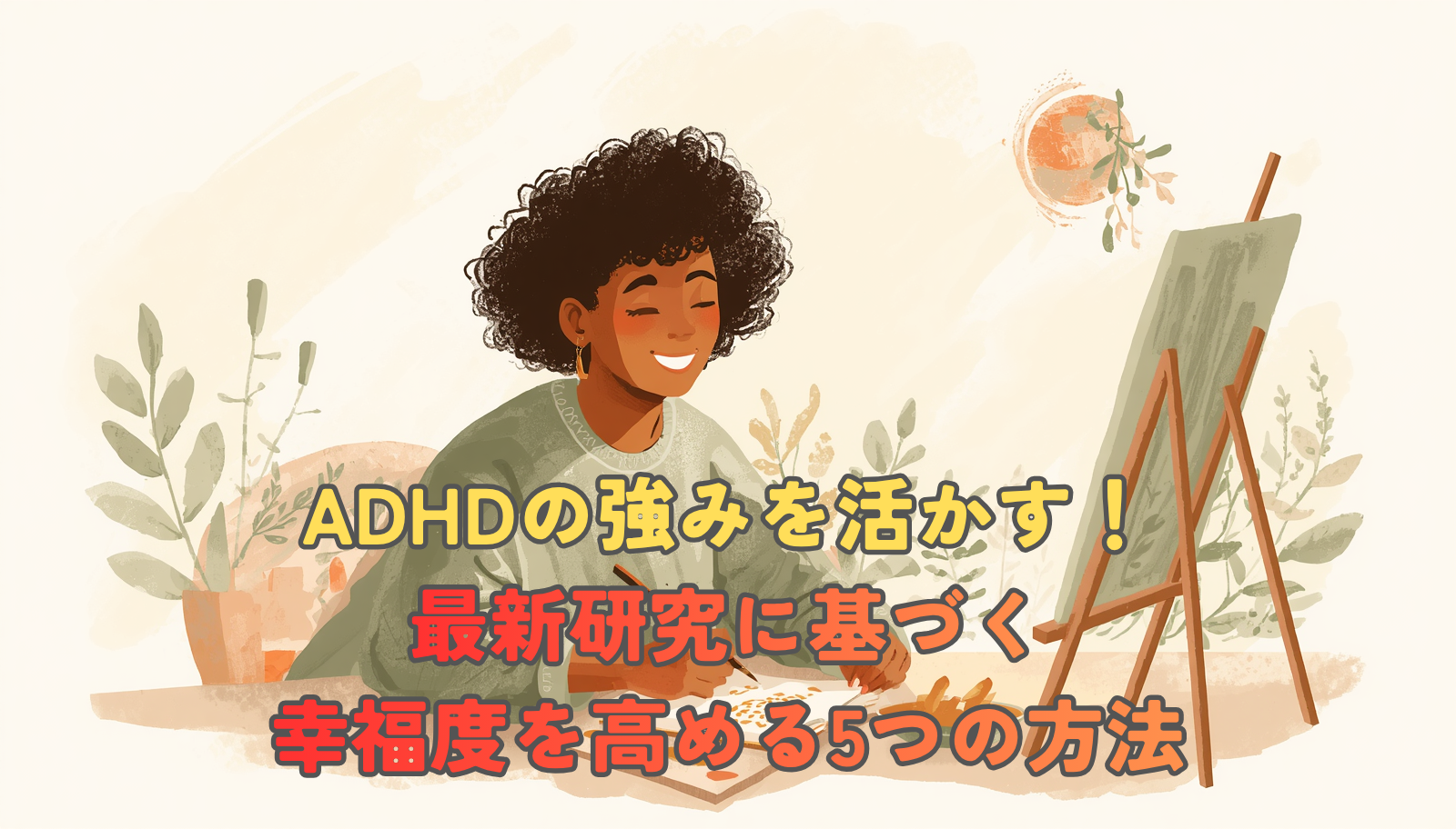 Warm, natural illustration of a diverse adult joyfully immersed in creative work (painting / writing), soft sunlight, earthy natural color palette (sage green, warm beige, terracotta accents), hand-drawn organic style, gentle and uplifting mood, plenty of negative space for title text, no text.