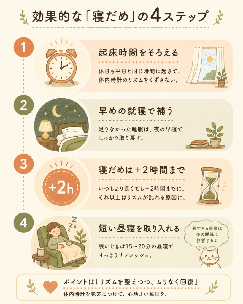A vertical 4-step how-to infographic about healthy catch-up sleep, numbered 1 to 4, each step with a simple

warm icon (alarm clock aligned, early bedtime moon, a '+2h' badge, a short nap), connected by a soft dotted

line. Warm natural palette (terracotta, sage green, cream, oatmeal), cozy hand-drawn editorial style,

rounded shapes, minimal English labels. 4:5 portrait.