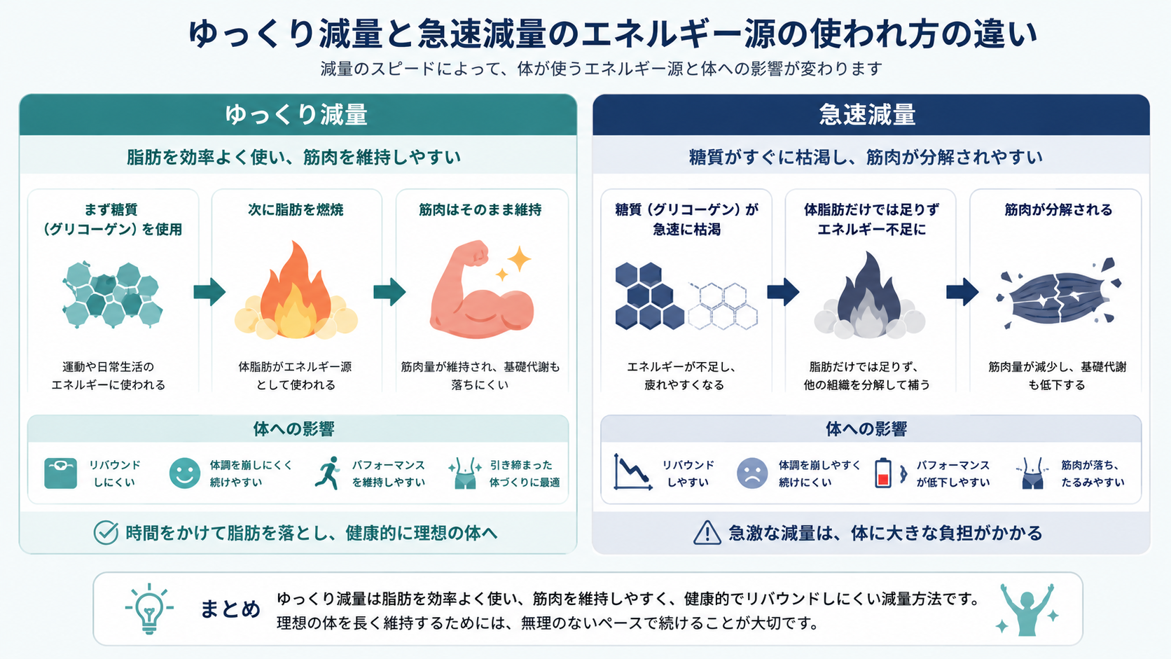 Side-by-side infographic comparing two weight-loss approaches, flat vector style. Left panel labeled 'gradual' shows glycogen icon then a flame burning fat with muscle intact; right panel labeled 'rapid' shows glycogen depleting fast then muscle breaking down. Teal and navy palette (#2E8B8B, #1F3A5F), light background (#E8F1F2), simple icons, clean layout, Japanese-friendly minimal design, no readable text, 16:9.