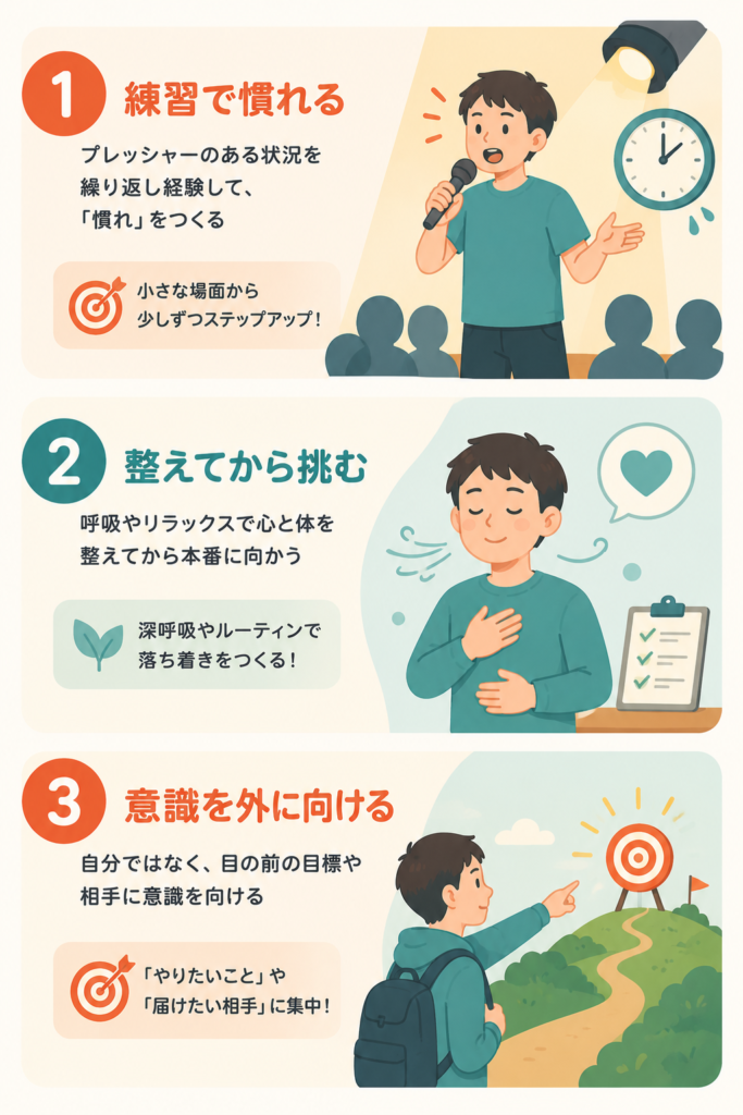 Pop flat 3-step vertical infographic. Step 1: a person practicing while a spotlight and a clock add pressure. Step 2: a person doing a calm breathing routine before a task. Step 3: a person aiming at a glowing target far away (external goal). Numbered 1-2-3 with bold rounded badges in coral-orange and teal, cream background, friendly style, minimal Japanese labels.