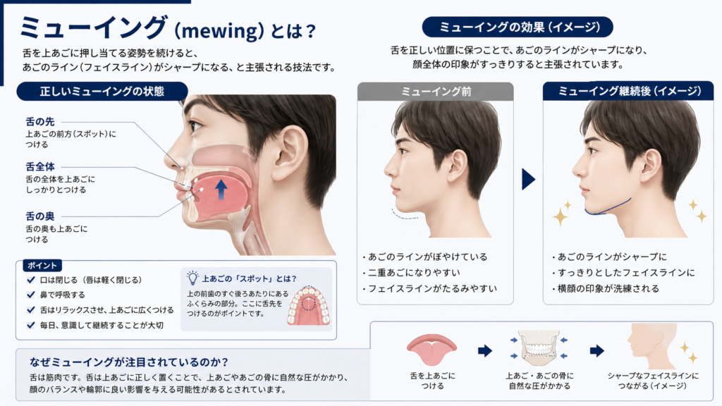 ミューイング（mewing） 舌を上あごに押し当てる姿勢を続けると、あごのライン（フェイスライン）がシャープになる、と主張される技法です。