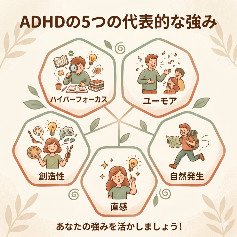 Friendly icon-based chart of five ADHD strengths (hyperfocus, humor, creativity, spontaneity, intuition), each with a warm hand-drawn icon and Japanese label, arranged in a soft radial/honeycomb layout, natural earthy palette (sage green, terracotta, cream), warm and encouraging tone.