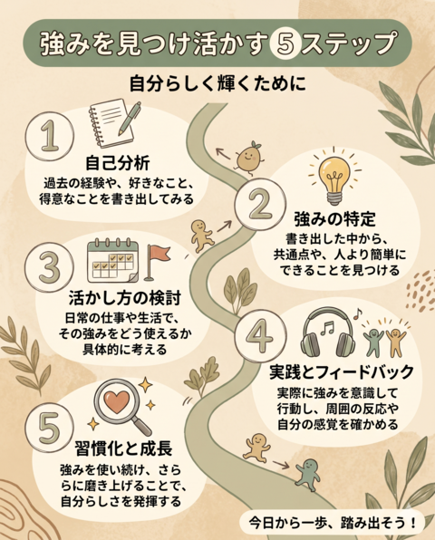 Vertical 5-step roadmap infographic with warm hand-drawn numbered circles (1 to 5), each step paired with a simple natural icon (notebook, lightbulb, calendar, headphones, magnifying glass). Earthy palette of sage green and warm beige, friendly rounded Japanese typography, gentle upward-flowing path.