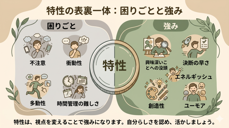 Clean infographic showing two mirrored sides of one coin: left side soft-grey 'challenges' (distraction, impulsivity), right side warm-green 'strengths' (hyperfocus, creativity, humor). Natural earthy palette, sage green and warm beige, simple hand-drawn icons, friendly rounded typography (Japanese labels), balanced symmetrical layout.