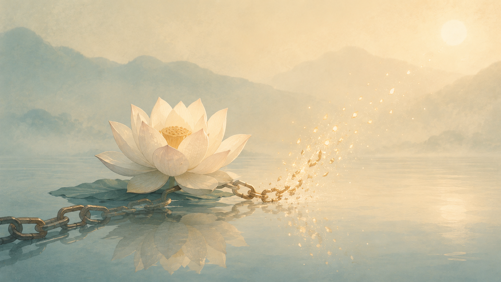 A tranquil zen-inspired illustration of a single lotus flower floating on still water, with a delicate chain dissolving into light, symbolizing release from attachment. Soft mist, calm reflective surface, muted teal and warm sand tones, minimalist flat style, deeply peaceful atmosphere, no text.