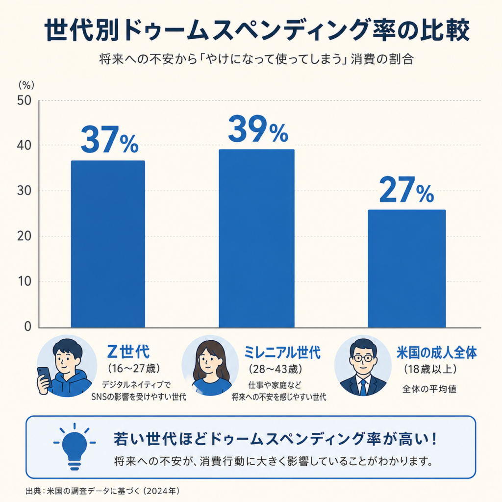 Clean infographic bar chart comparing doom spending rates by generation: Gen Z 37%, Millennials 39%, US adults overall 27%. Simple flat icons of each generation, soft blue (#1F6FB2) bars on cream background, large readable percentage labels, minimalist modern style, plenty of white space. Square 1:1.