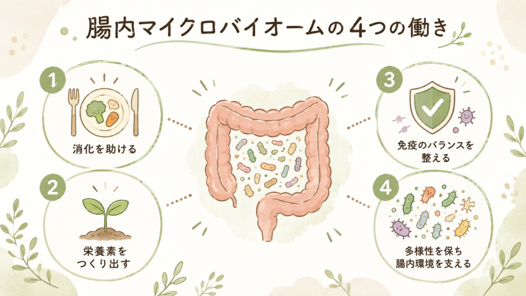 A clean, friendly infographic showing the human gut with four icons around it: digestion (fork & plate), nutrient production (seedling), immune regulation (shield), microbial diversity (cluster of different microbes). Natural earthy palette of soft greens and warm browns, hand-drawn organic line style, plenty of white space, minimal Japanese-friendly layout, no readable text.