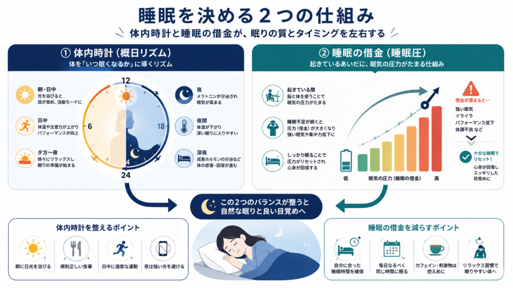 Clean infographic with two side-by-side panels: left panel a sun-to-moon clock dial labeled 'body clock', right panel a rising battery/pressure gauge labeled 'sleep debt', connected by an arrow into a sleeping figure. Navy, teal and warm-amber palette, flat minimal medical-editorial style, simple icons, plenty of white space, Japanese-friendly neutral layout, no readable text.