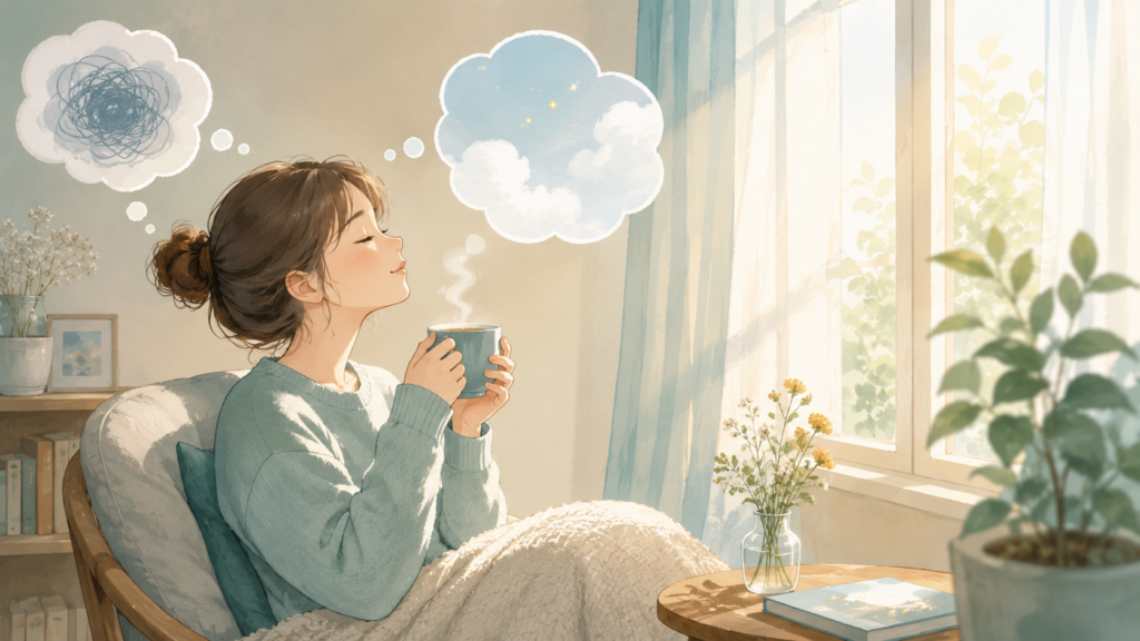 A gentle, warm illustration of a person sitting quietly by a window with a cup of tea, soft morning light, calm expression, subtle thought bubble that is gradually clearing. Muted teal and warm beige palette, soft watercolor / flat hybrid style, reassuring and hopeful mood, no text.