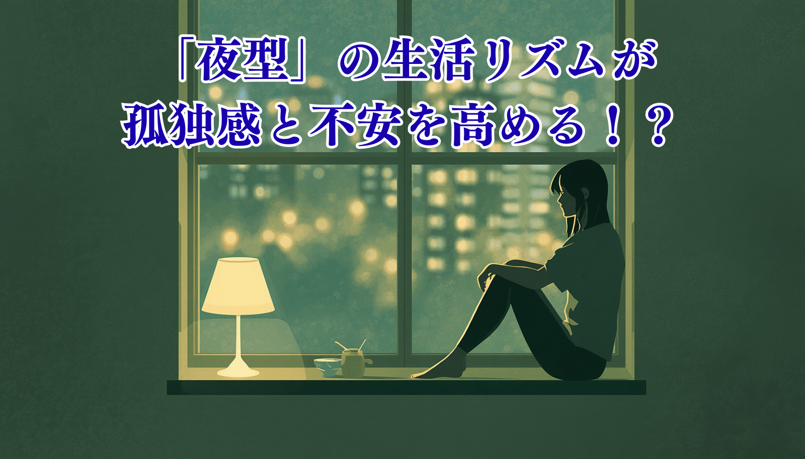 A person sitting alone by a window late at night, soft warm lamp light, city lights blurred outside, calm and slightly melancholic mood, natural muted green and warm beige palette, soft grain, gentle illustration style, lots of negative space for title text, cozy yet lonely atmosphere.