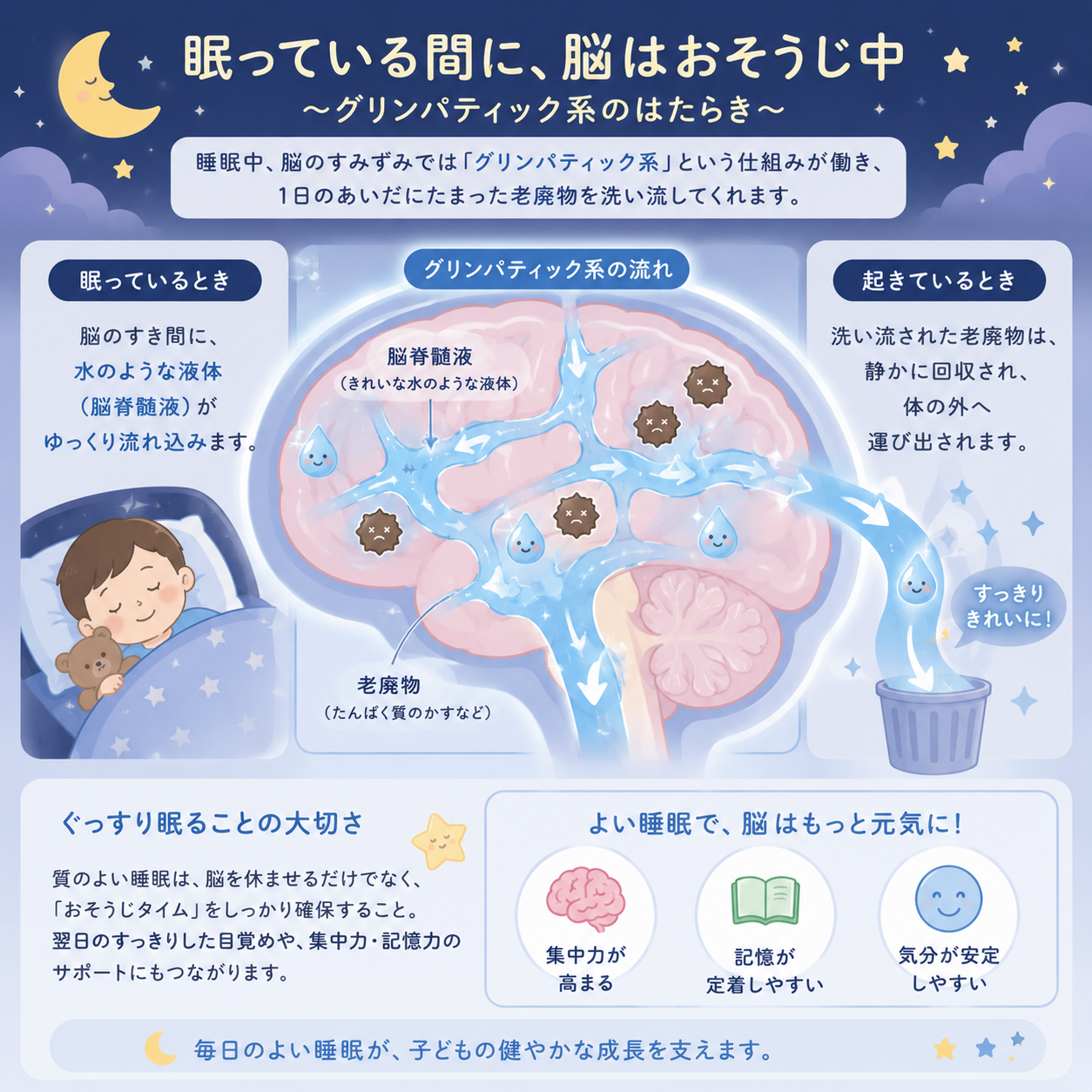 A gentle conceptual infographic showing the brain being cleaned during sleep: a stylized brain with soft flowing fluid washing away small waste particles at night. Soft blues and purples, calm starry night background, friendly minimal science illustration style, easy to understand, not scary.