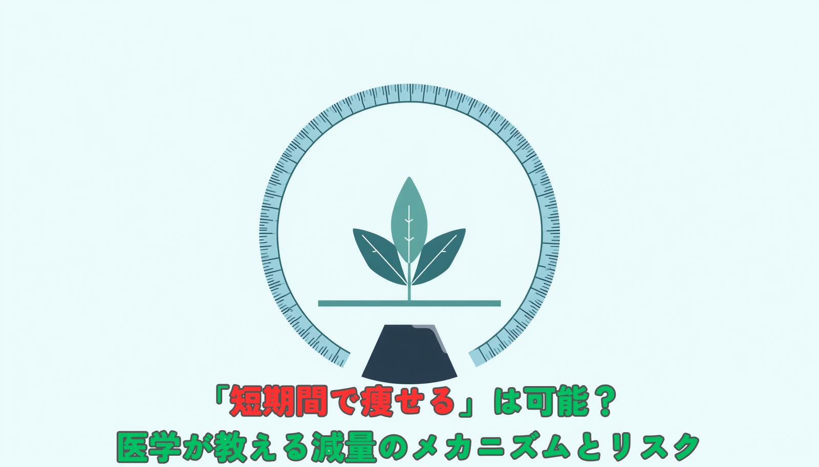 Clean modern flat-style illustration of a measuring tape forming a calm circular shape around a small green leaf and a balanced scale, soft teal and navy color palette (#2E8B8B, #1F3A5F) on a light background (#E8F1F2), minimal, friendly, health-conscious mood, no text, plenty of negative space, professional editorial illustration, 1200x630.