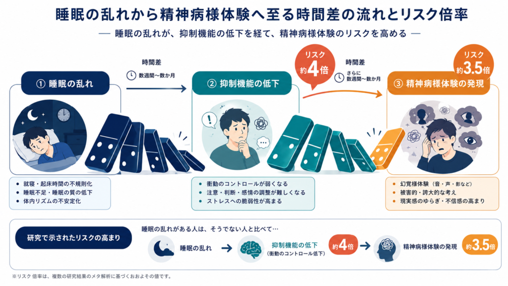 A horizontal flow diagram of falling dominoes: 'sleep disruption' -> 'weaker impulse control' -> 'psychosis-like experiences', with small callout badges showing 'x4' and 'x3.5' risk multipliers. Navy-teal-amber palette, flat minimal editorial infographic style, clean icons, generous white space, no readable text.