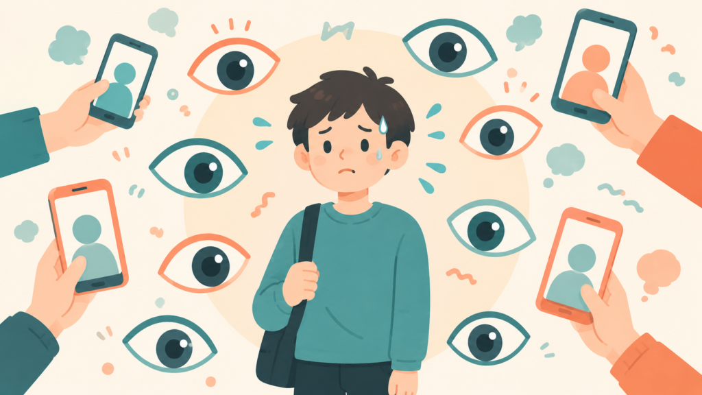 Pop flat illustration of a young person standing nervously while many stylized eyes and smartphone screens float around them, watching. The person looks slightly overwhelmed but the mood stays light and empathetic, not dark. Coral-orange and teal palette, cream background, soft rounded shapes, no text.