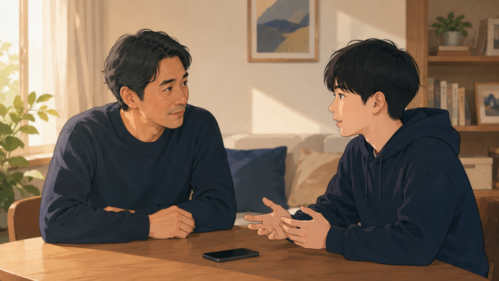 A warm, calm editorial illustration of a parent and a teenager sitting together talking, smartphone face-down between them,

soft natural light, navy and warm neutral palette, gentle flat-design style, conveying trust and openness, no text, 16:9.