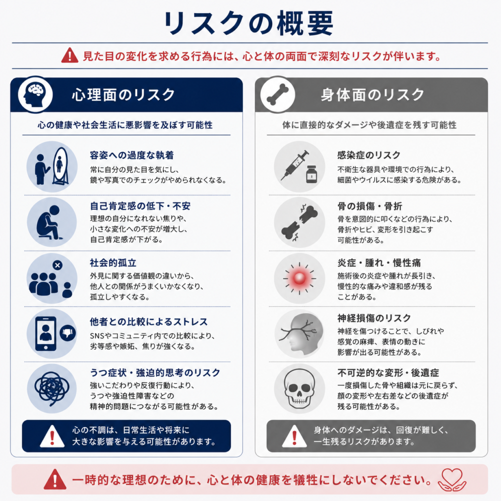 A two-panel comparison graphic titled risk overview, left panel 'Mental' (mirror, social isolation, comparison icons),

right panel 'Physical' (syringe, bone, inflammation icons),

clean flat design, navy and grey palette with subtle red caution accents, minimal, professional, English labels, 1:1.