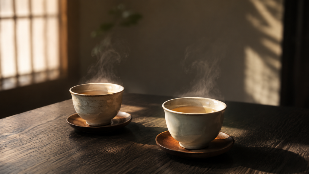 A quiet Japanese-modern scene: two cups of tea on a dark wooden table, one slightly turned toward the other, soft window light and shadow, steam rising. Sense of unspoken tension and intimacy. Muted earthy palette (#8C5A3C, #B8860B, #F3EEE6), shallow depth of field, calm and refined. No people, no text.