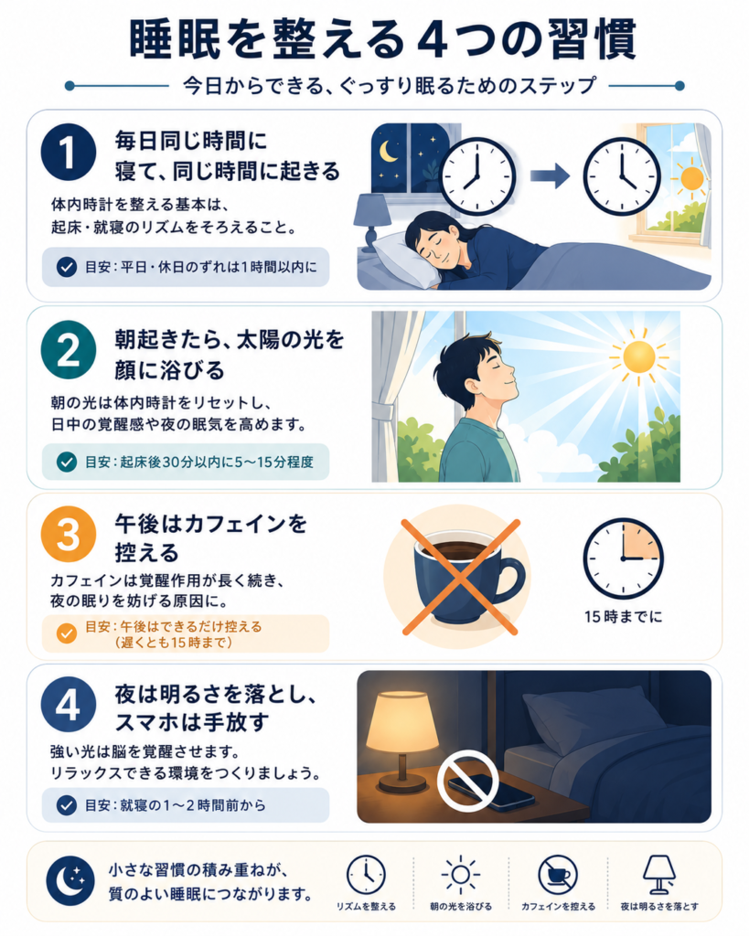 A clean vertical 4-step checklist illustration: 1) consistent bed/wake clock, 2) morning sunlight on face, 3) crossed-out coffee cup in the afternoon, 4) dimmed lamp and phone set aside at night. Navy-teal-amber palette, flat minimal editorial icons, numbered circles, plenty of white space, no readable text.