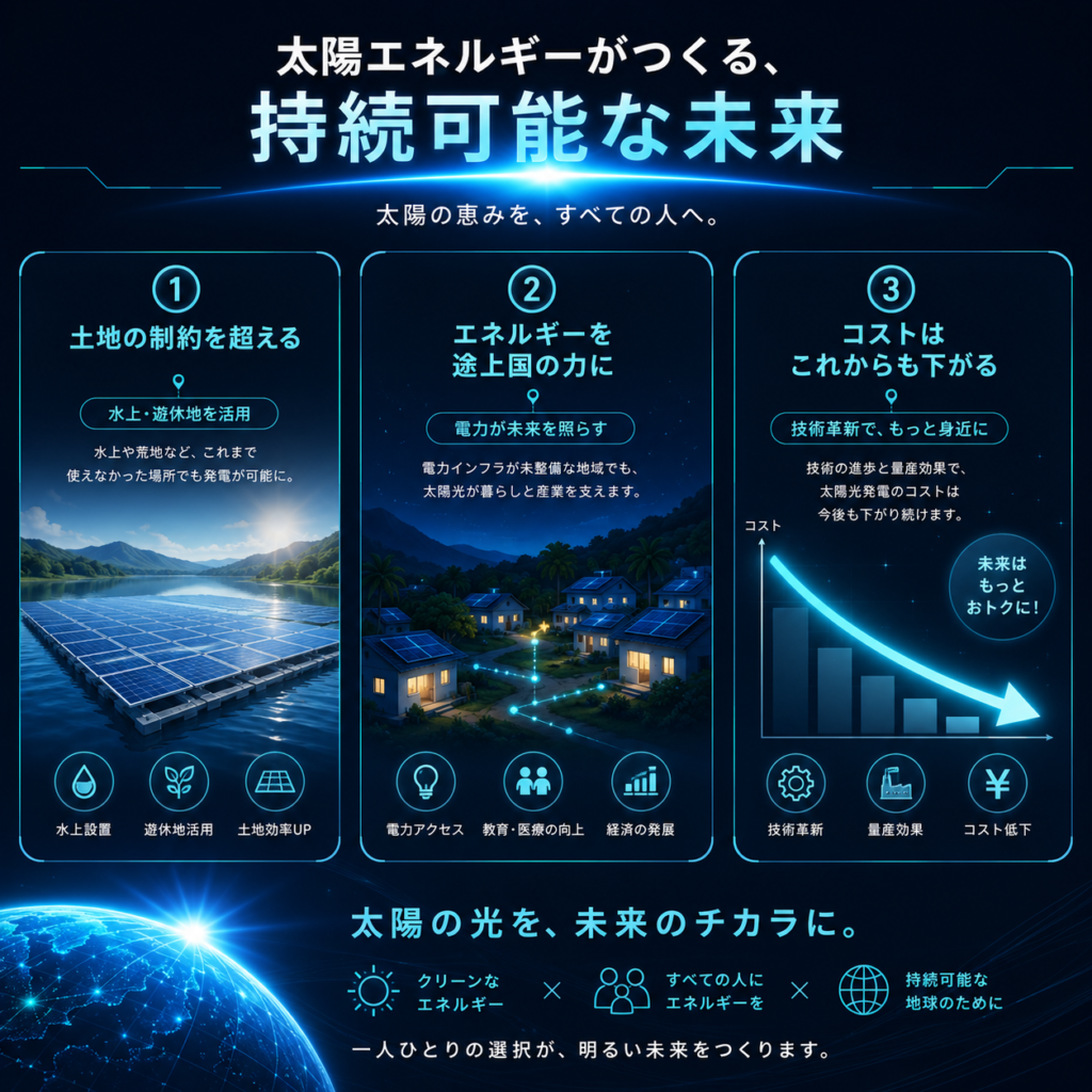A futuristic infographic of the future of solar energy: floating solar farms on water, distributed solar panels powering remote villages, and a downward cost-trend arrow. Three clean icon-style panels, cyan/blue palette, glowing accents, dark background, modern minimal, hopeful and scientific.