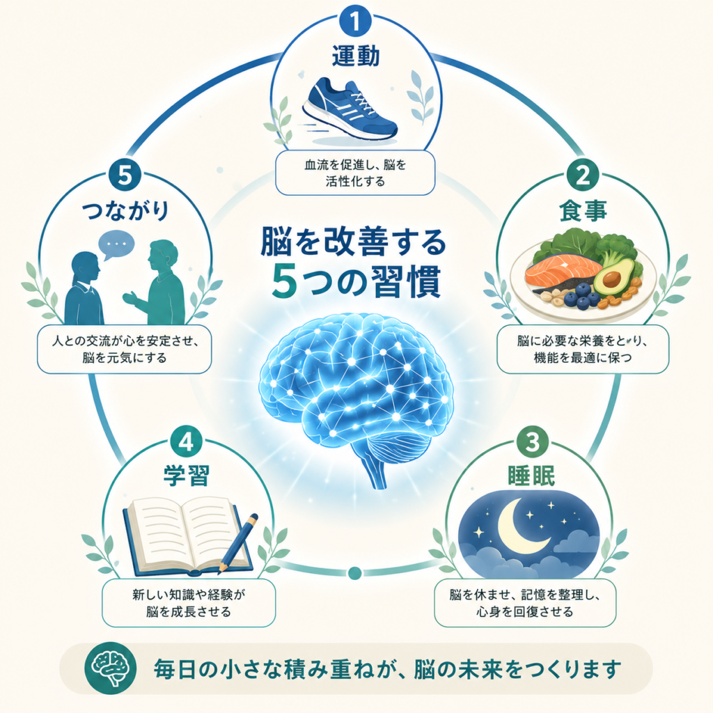 A clean circular infographic with a glowing brain in the center and five surrounding icons: running shoe (exercise), healthy plate with fish and greens (diet), crescent moon (sleep), open book (learning), two connected people (social connection). Soft blue and teal palette (#2E5C8A, #1F6F5C), cream background, flat minimal style, friendly and professional. Labels in simple icons, no readable text needed.