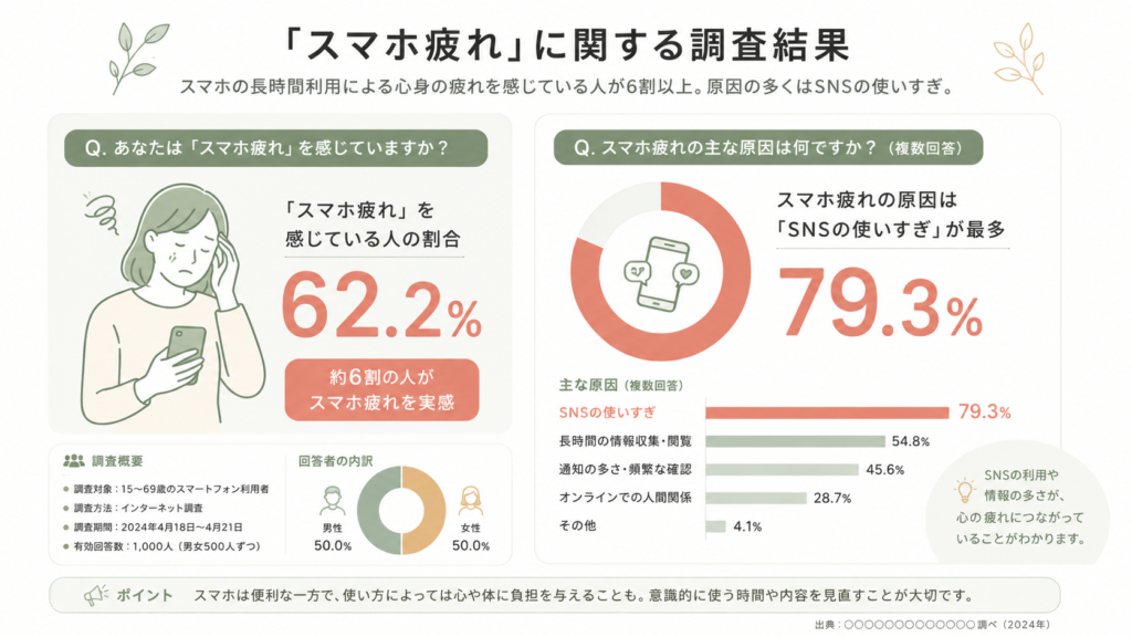Clean data visualization showing survey statistics: large '62.2%' smartphone fatigue and '79.3%' SNS as main cause, simple bar and donut charts, minimalist flat design, sage green and warm beige palette with one accent coral, clear Japanese-friendly typography, editorial infographic, white background --ar 16:9