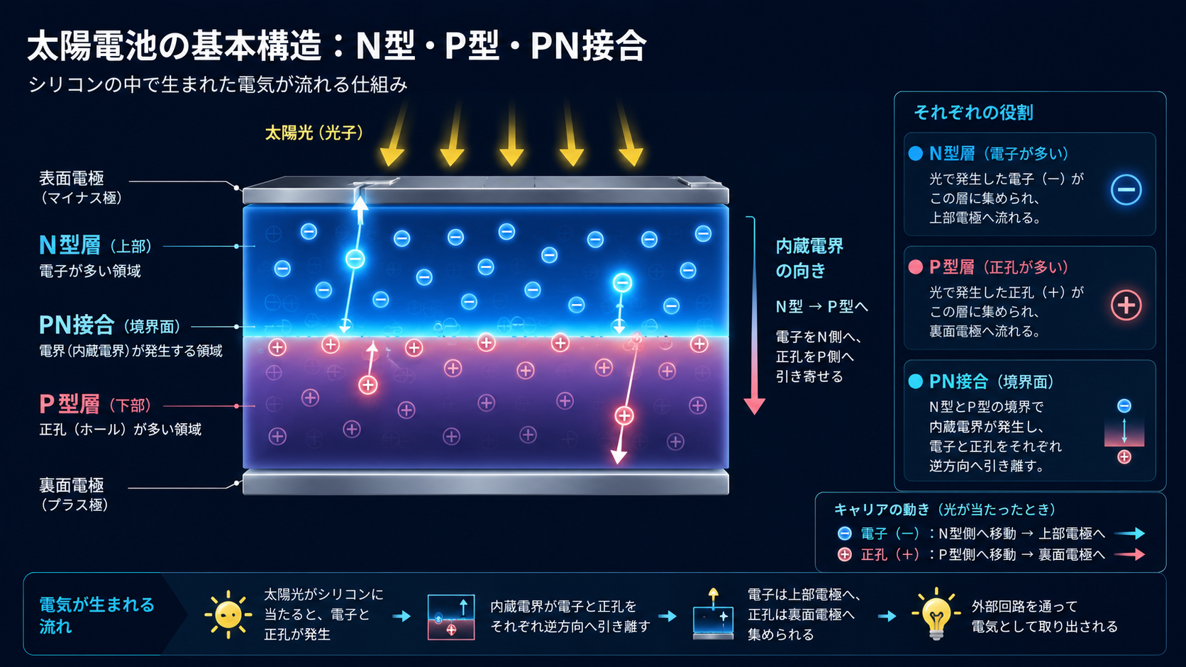 A clean scientific cross-section diagram of a silicon solar cell showing N-type layer (top), P-type layer (bottom), and the PN junction in the middle with an electric field arrow. Glowing electrons as small blue dots, holes as faint outlines. Futuristic flat-design, cyan/blue palette, dark navy background, labeled zones, minimal and educational, no real text.