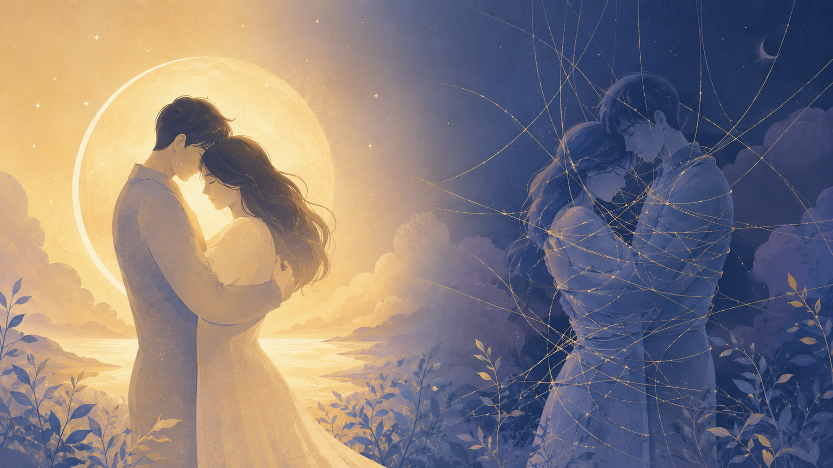 A symbolic split-scene illustration: on the left, two figures embracing in warm golden light (longing, wholeness); on the right, the same figures faintly entangled in delicate thread like a gentle web (the trap of biology). Soft twilight gradient connecting both halves, dreamy and contemplative, flat illustration style, muted blue and gold palette, no text.