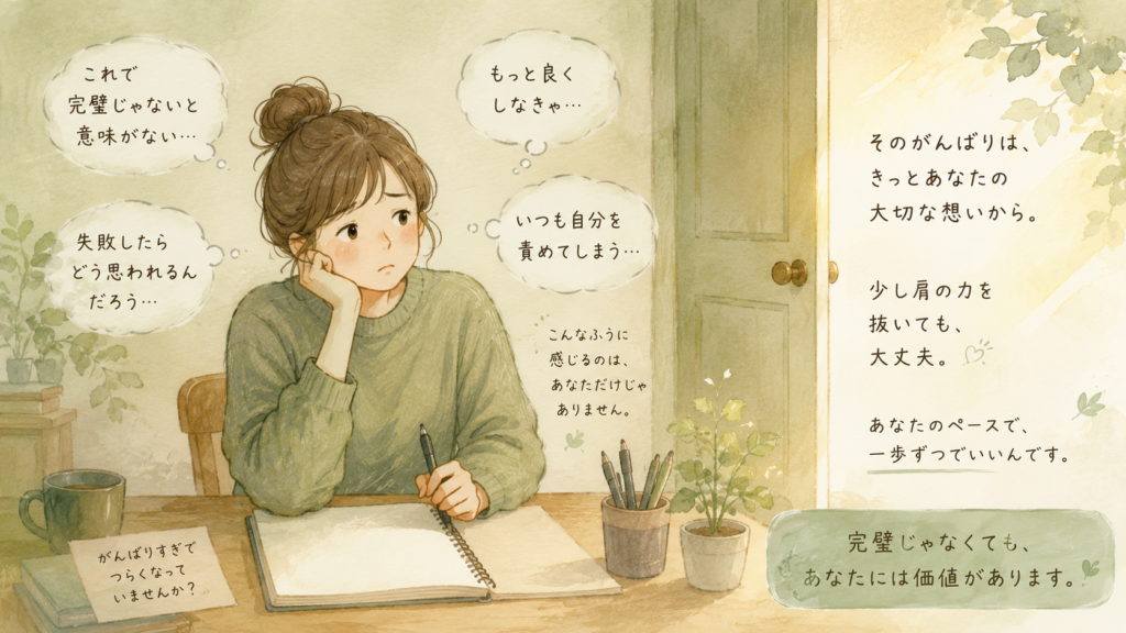 A gentle illustration of a young person hesitating in front of a dooror a blank page, soft warm lighting, sage green and cream tones,hand-drawn style, expressing quiet anxiety but with a hopeful, tenderatmosphere, cozy and human, watercolor texture, empathetic mood.