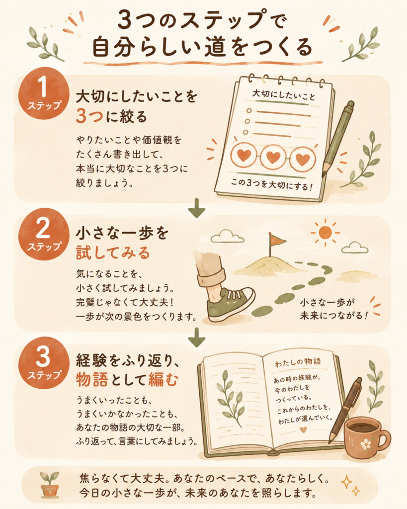 A warm hand-drawn 3-step vertical infographic: Step 1 a list narrowed to three

hearts (values), Step 2 a small footstep experiment icon, Step 3 an open journal

with a pen. Numbered circles, terracotta and cream palette, sage accents, cozy

and encouraging tone, simple rounded icons.