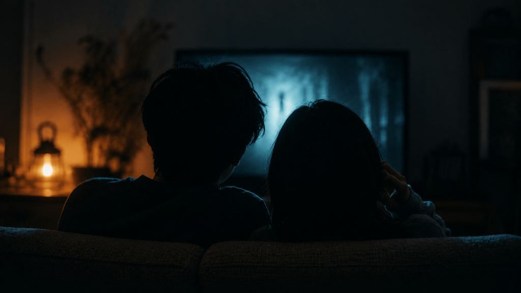 Cinematic dark photograph from behind, two silhouetted figures sitting close together on a sofa in a dark room, faint flickering blue-white screen light illuminating their outlines, warm amber lamp in the far background, cozy yet eerie atmosphere, shallow depth of field, film grain, teal and amber color grading, no visible faces, no text, 16:9