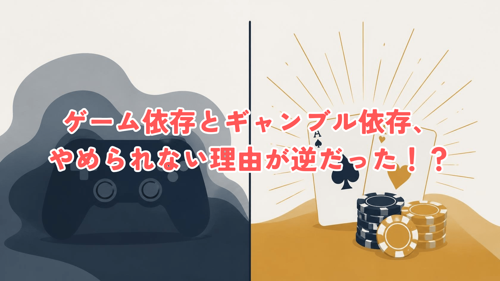 Minimal professional editorial illustration, split composition divided by a clean vertical line. Left side: a game controller silhouette bathed in cool desaturated blue-grey tones, surrounded by soft dark shadow shapes suggesting quiet heaviness. Right side: playing cards and casino chips silhouette in warm amber-gold tones with sharp radiating light lines suggesting excitement. Flat vector style, generous negative space, muted professional palette of navy #1B2A41, warm amber #D9A441, soft grey #E8E6E1, off-white background. No text, no faces. Clean, calm, serious tone suitable for a psychology article.