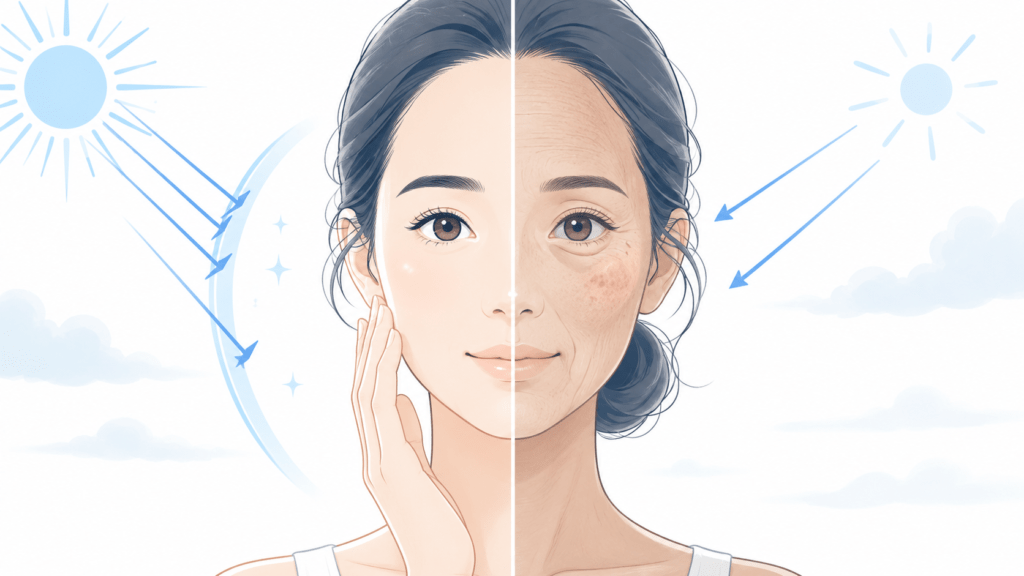 Conceptual minimalist illustration contrasting sun-protected and sun-damaged skin, soft healthy skin versus wrinkles and spots, modern flat style, navy and sky-blue palette, white background, calm and educational tone, no text.