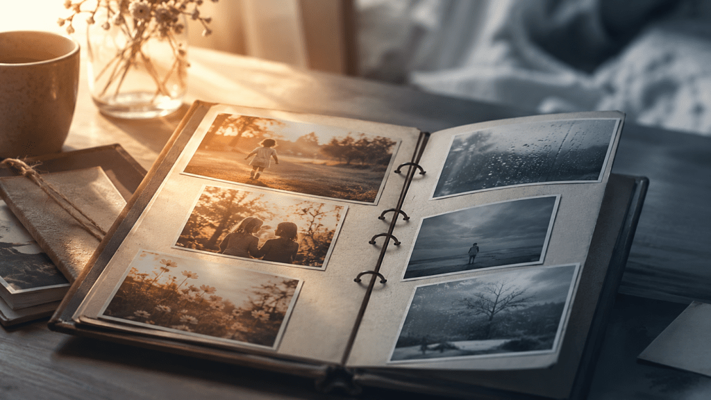 A quiet, atmospheric image of an old photo album on a table, some photos in warm color and others fading to cold blue-grey, suggesting memories shifting with mood. Soft natural light, shallow depth of field, minimalist composition, calm and reflective tone. No text.