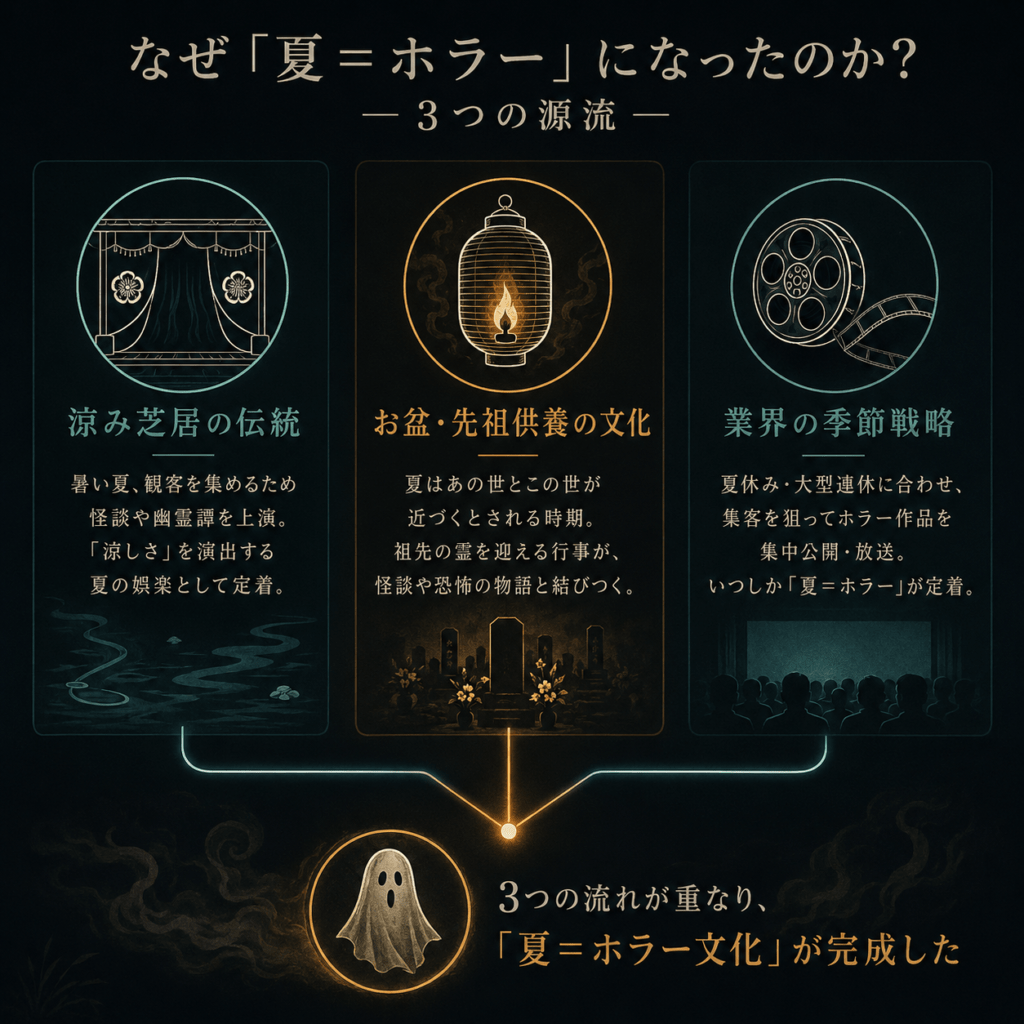 Minimal dark infographic on deep charcoal background, three vertical columns connected by thin glowing amber lines converging into one node at the bottom, icons rendered as simple thin-line white illustrations: a kabuki theater curtain, a paper lantern with flame, a film reel, muted teal and amber accent palette, cinematic noir style, generous negative space, no text, 1:1