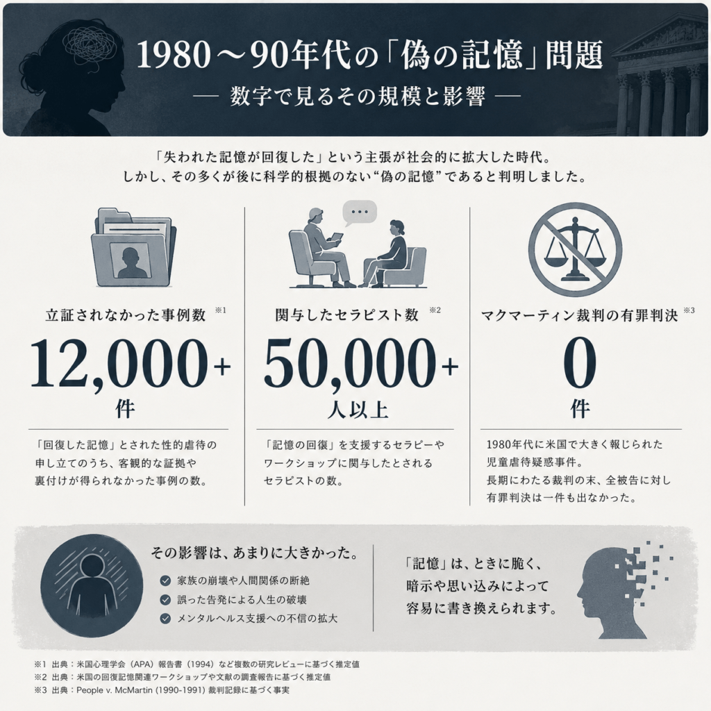 A somber, restrained data-visual infographic summarizing the recovered-memory era: large highlighted numbers (12,000+ unsubstantiated cases, 50,000+ therapists, 0 convictions in the McMartin trial). Muted grey and deep blue palette, thin dividing lines, serious documentary tone, minimal flat icons, generous white space, minimal neutral text.