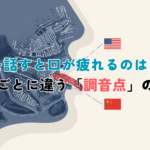 Minimal professional editorial illustration, side-profile cross-section of a human mouth and tongue showing articulation points, four small flags (Japan, USA/UK, China, South Korea) arranged around it, clean navy (#1F3B57) and blue (#3C7DC4) palette on off-white background, subtle line-art style, soft shadows, lots of negative space, no text, 1200x630.